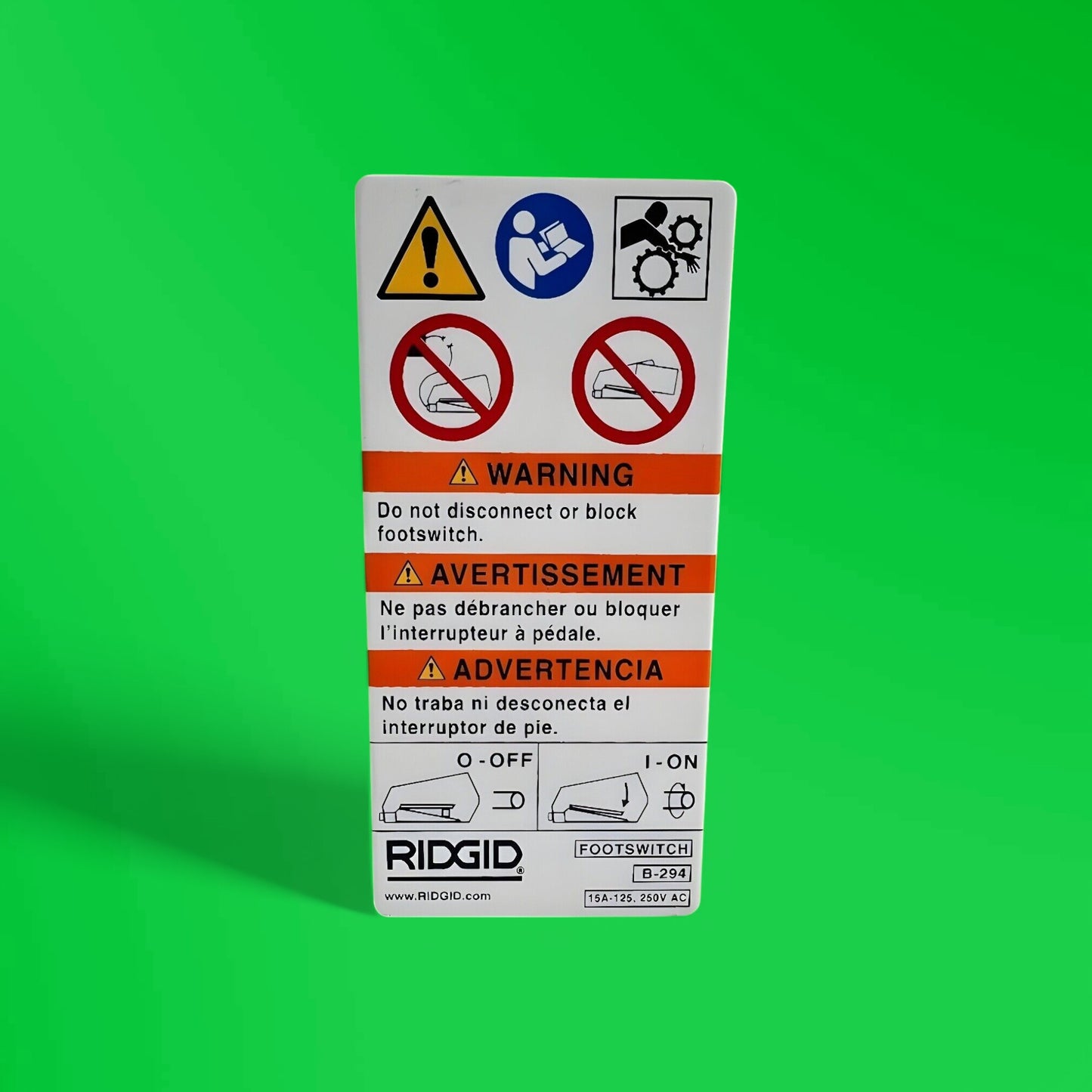 RIDGID 36667 ALUMINUM B-294 FOOTSWITCH WARNING PLATE DECAL (B294)