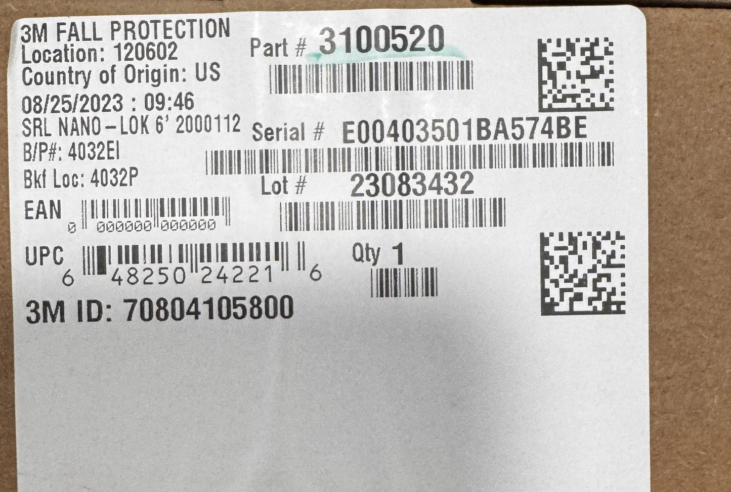 3M DBI-SALA 3200520 6' NANO-LOK PERSONAL SELF RETRACTING LIFELINE & ANCHOR HOOK