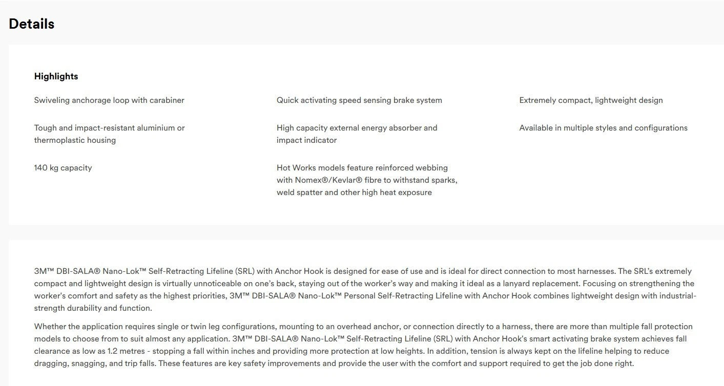 3M DBI-SALA 3200520 6' NANO-LOK PERSONAL SELF RETRACTING LIFELINE & ANCHOR HOOK