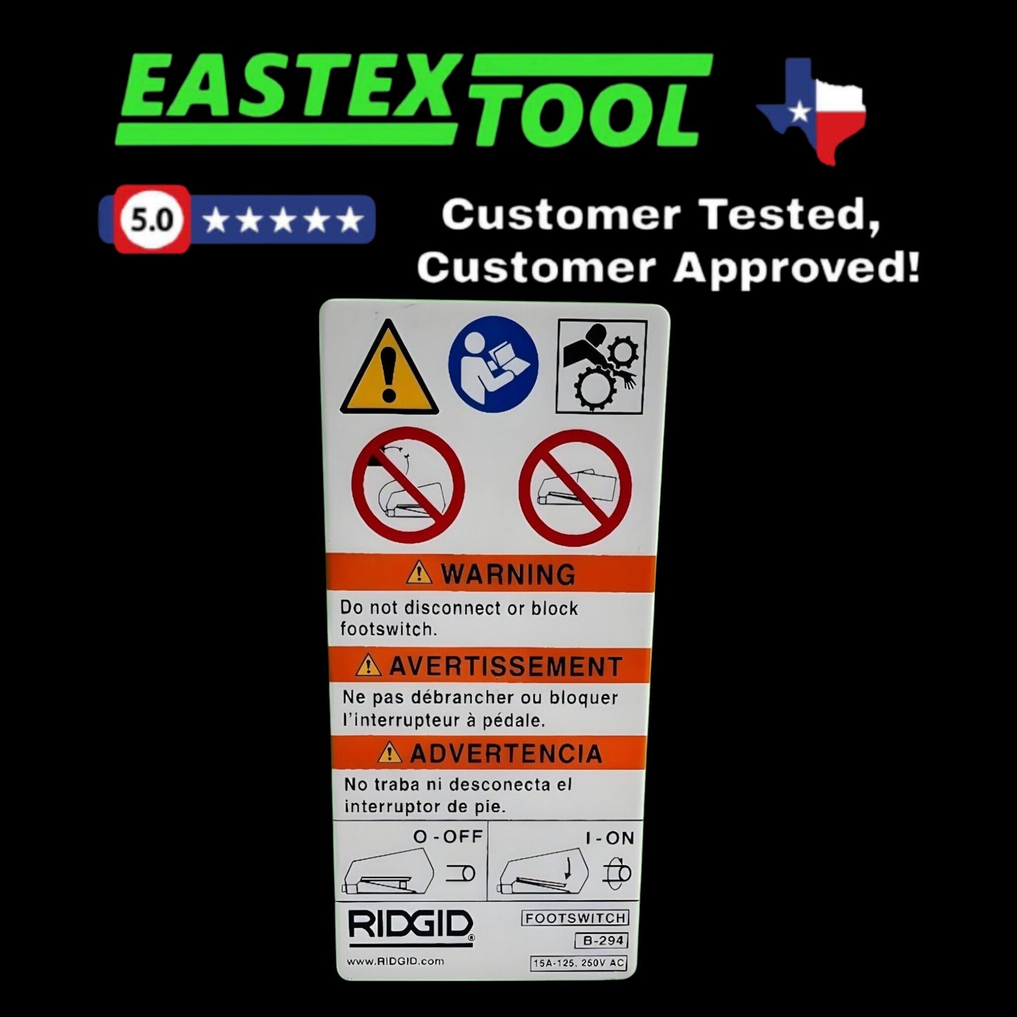 RIDGID 36667 ALUMINUM B-294 FOOTSWITCH WARNING PLATE DECAL (B294)