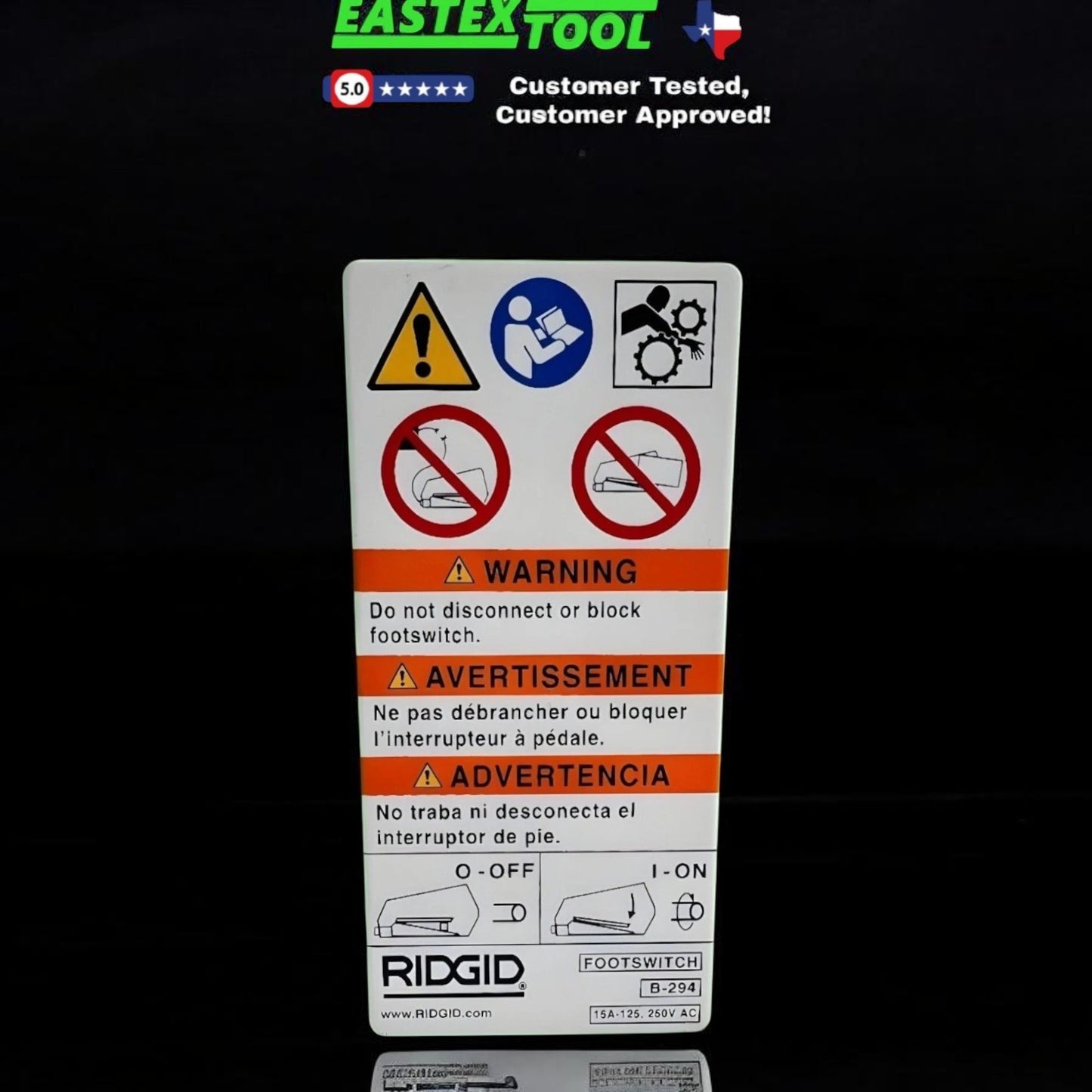 RIDGID 36667 ALUMINUM B-294 FOOTSWITCH WARNING PLATE DECAL (B294) 2-PK