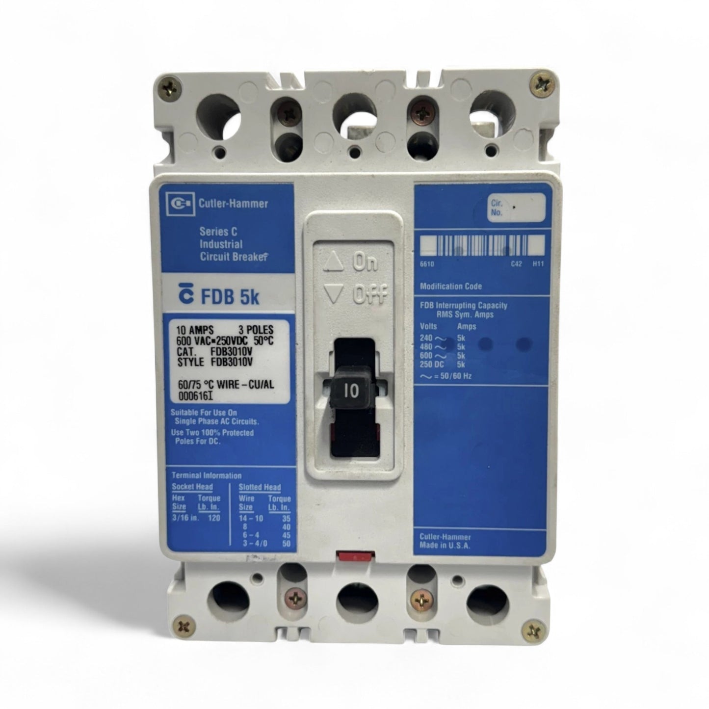 EATON CUTLER HAMMER FDB3010V 10 AMP 3P 600V CIRCUIT BREAKER