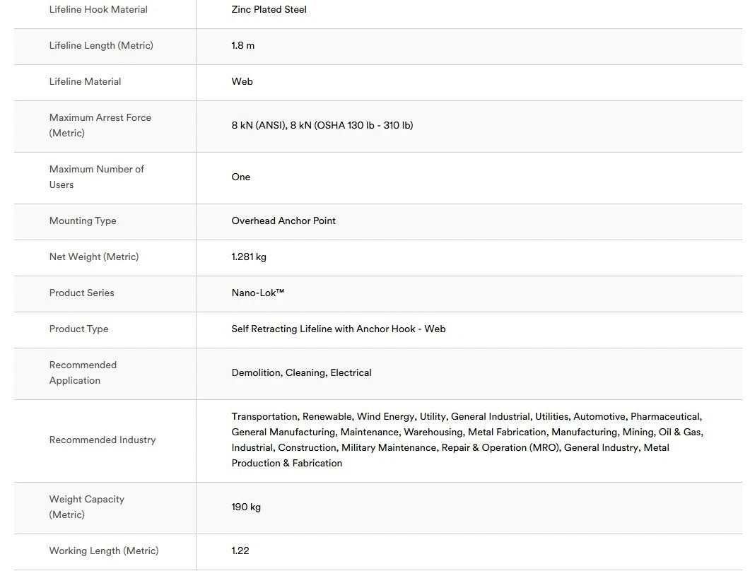 3M DBI-SALA 3200520 6' NANO-LOK PERSONAL SELF RETRACTING LIFELINE & ANCHOR HOOK
